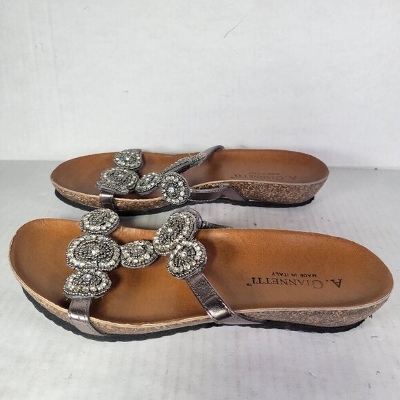 A. Giannetti Women Beaded Silver Metallic Leather Slip-On Sandals Size 7.5 - Picture 2 of 9